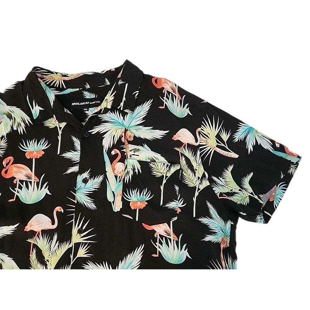 Molokai Surf Co Mens 2XL 100% Rayon Black Tropical AOP Button S/S Shirt Vacation